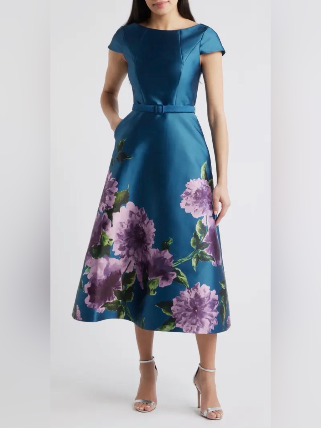 Nwot Kay Unger Ina Floral Belted Midi Teal Blue French Rose Dress Sz 8